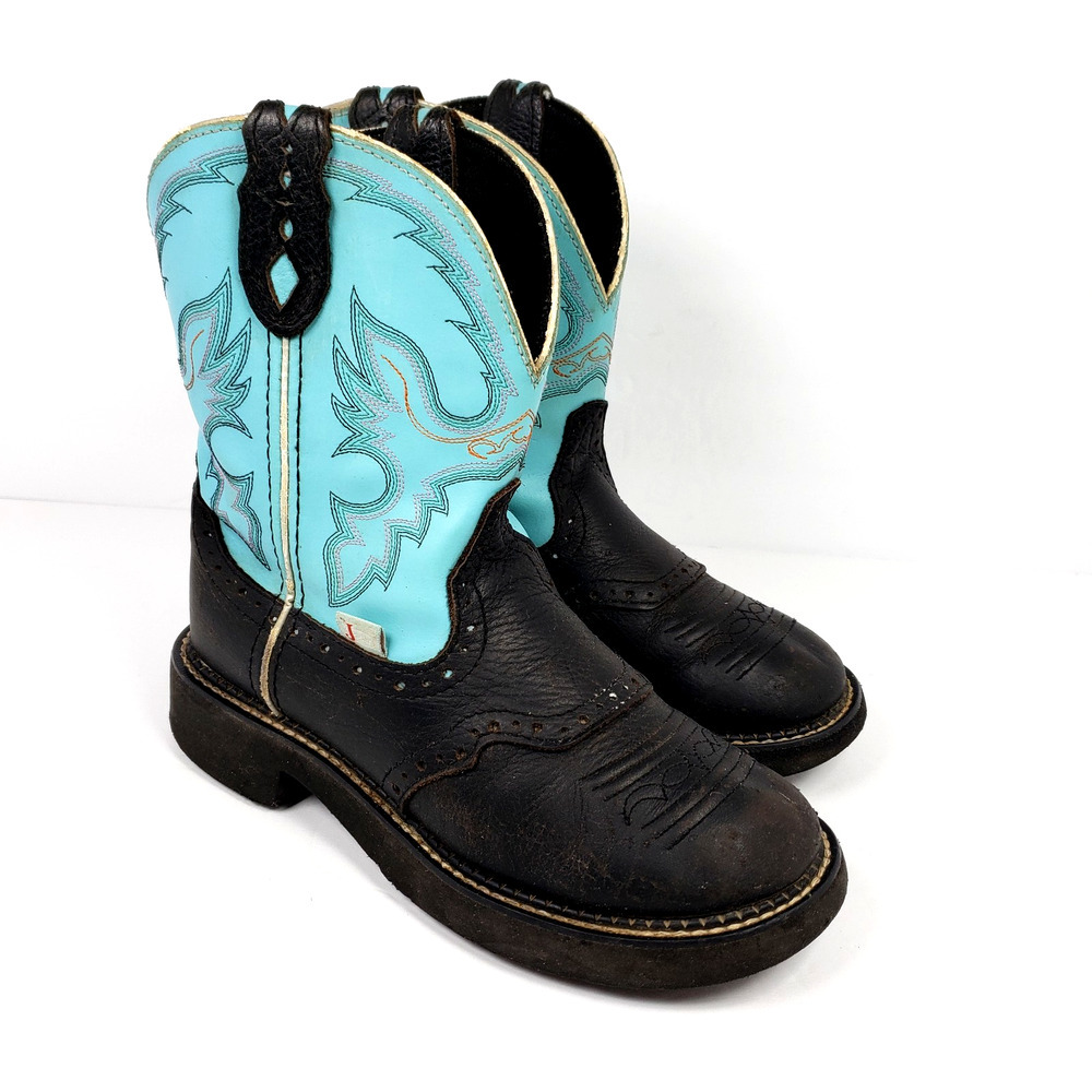 Justin Gypsy Womens Sz 7 B Teal Black Leather Pull On Western Cowboy Boots
